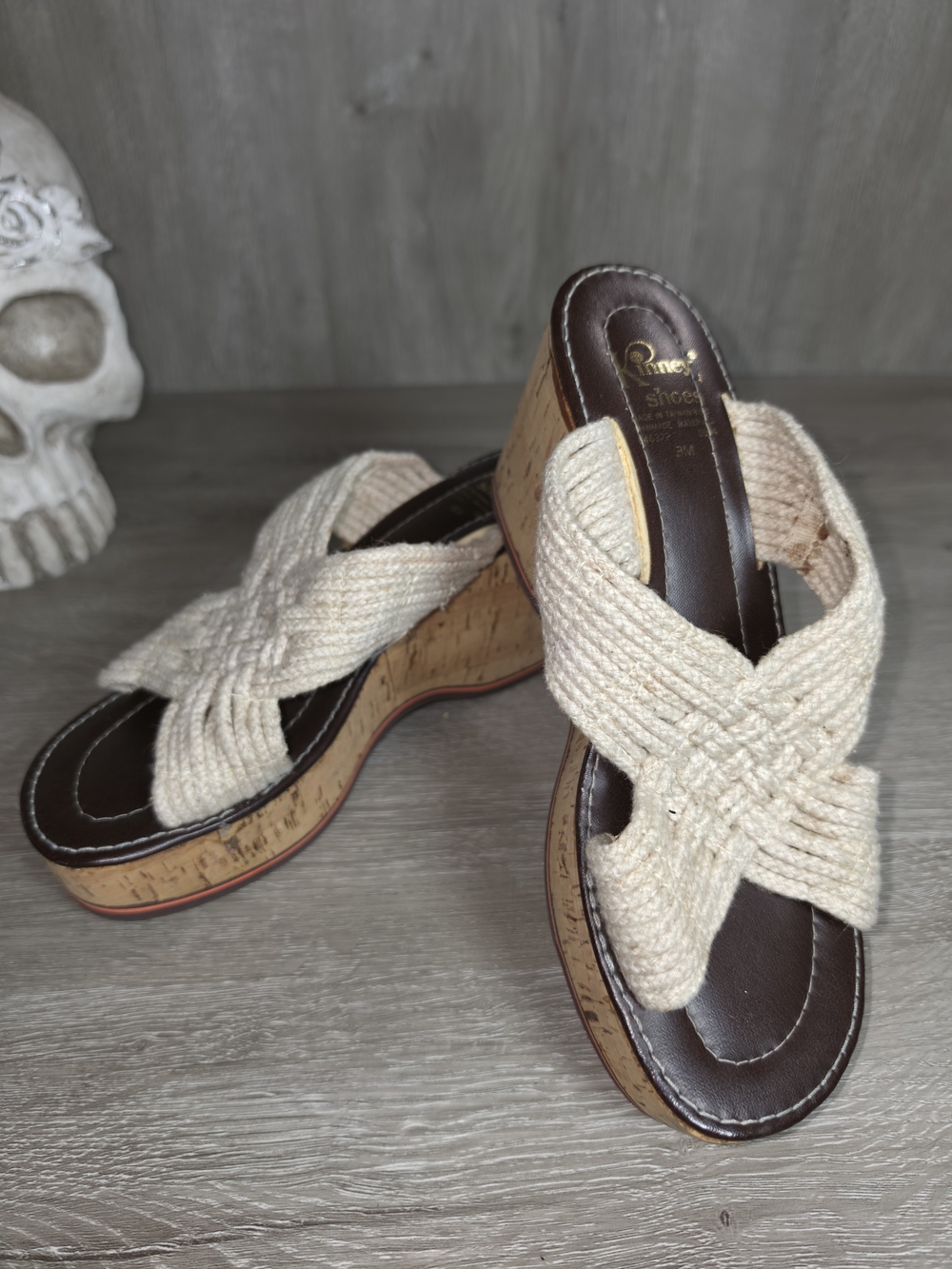 Vintage Kinney Shoes Woven Macrome Chinky Platform Cork Wedge Womens Size 8M